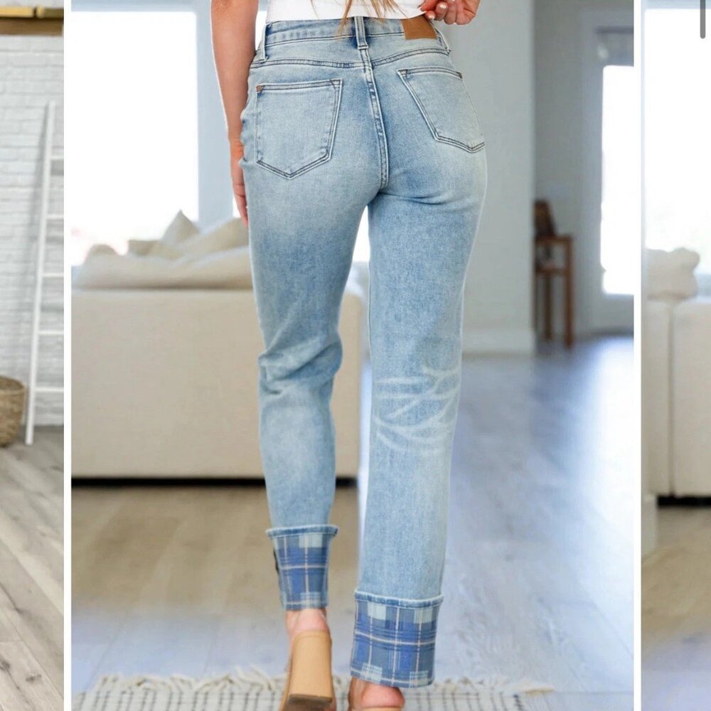JUDY BLUE HIGH WAIST PLAID CUFF VINTAGE STRAIGHT JEANS JB88747 MD wash Size 7/28